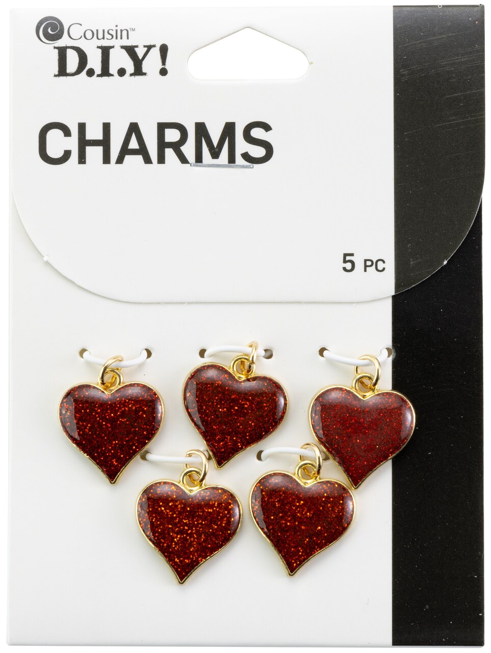Cousin DIY Gold Metal Finish Heart Charm Set 5/Pkg-Red Glitter